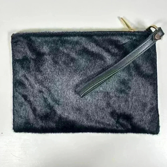 SOUTHWESTERN Black Faux Fur Cow Red Print Pattern Zip Top Pouch Organizer Purse - Picture 6 of 10